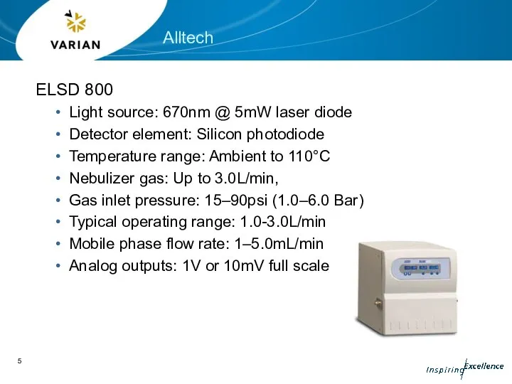 Alltech ELSD 800 Light source: 670nm @ 5mW laser diode Detector