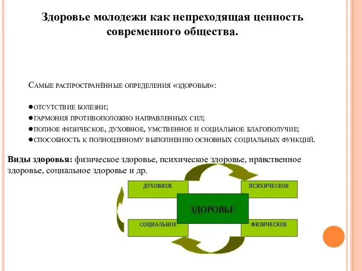 Самые распространённые определения «здоровья»: ●отсутствие болезни; ●гармония противоположно направленных сил; ●полное