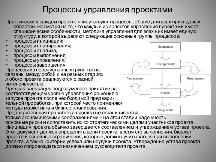 Процессы управления проектами Практически в каждом проекте присутствуют процессы, общие для