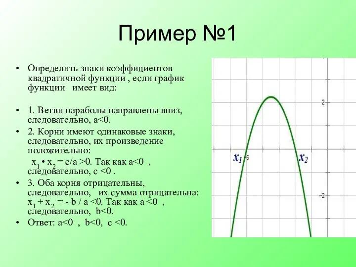 Пример №1 Определить знаки коэффициентов квадратичной функции , если график функции