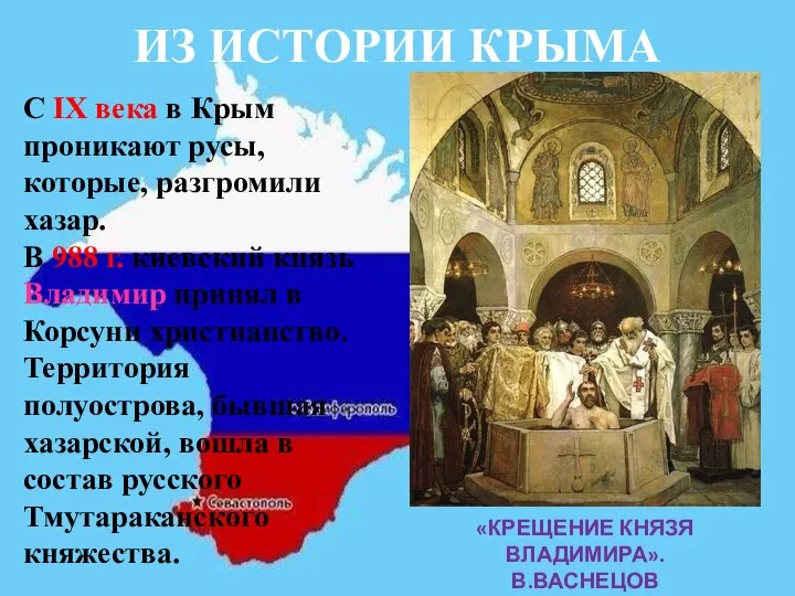ИЗ ИСТОРИИ КРЫМА С IX века в Крым проникают русы, которые,