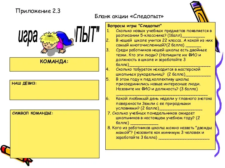 Приложение 2.3 Бланк акции «Следопыт» КОМАНДА: НАШ ДЕВИЗ: СИМВОЛ КОМАНДЫ: Вопросы