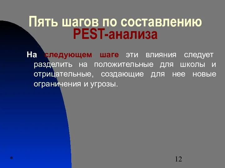 * Пять шагов по составлению PEST-анализа На следующем шаге эти влияния