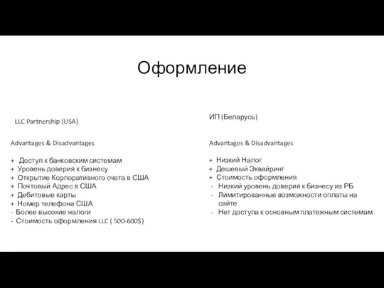 Оформление LLC Partnership (USA) ИП (Беларусь) Advantages & Disadvantages + Низкий