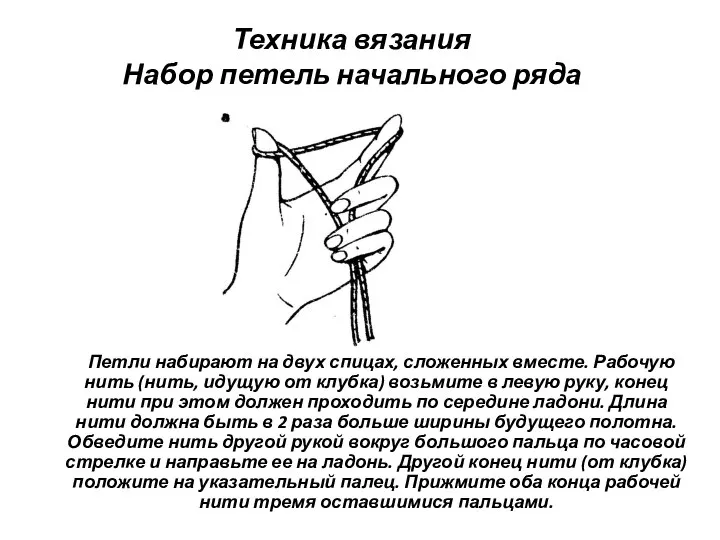 Техника вязания Набор петель начального ряда Петли набирают на двух спицах,