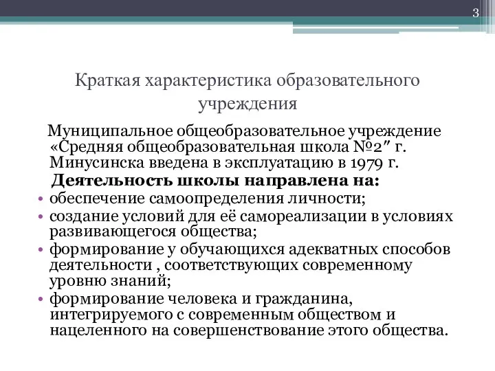 Краткая характеристика образовательного учреждения Муниципальное общеобразовательное учреждение «Средняя общеобразовательная школа №2″