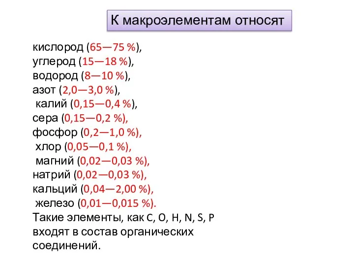 кислород (65—75 %), углерод (15—18 %), водород (8—10 %), азот (2,0—3,0