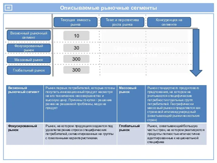 Описываемые рыночные сегменты Визионный рыночный сегмент Фокусированный рынок Массовый рынок Глобальный