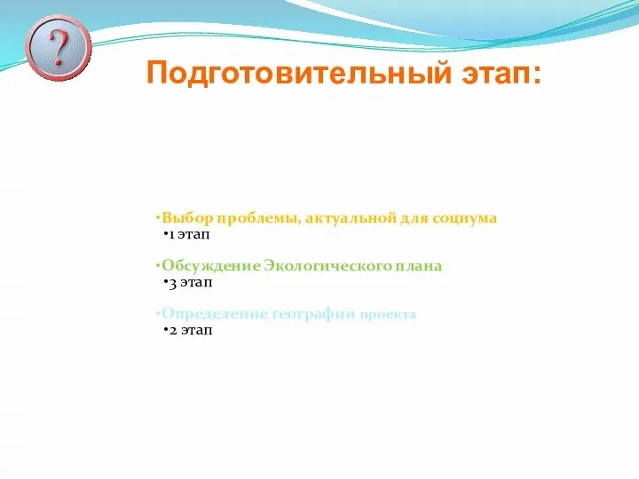 Выбор проблемы, актуальной для социума 1 этап Обсуждение Экологического плана 3