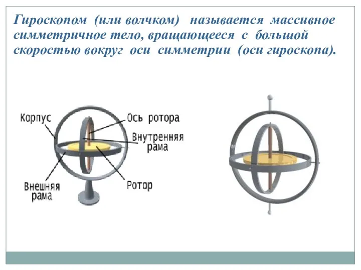 Гироскопом (или волчком) называется массивное симметричное тело, вращающееся с большой скоростью вокруг оси симметрии (оси гироскопа).