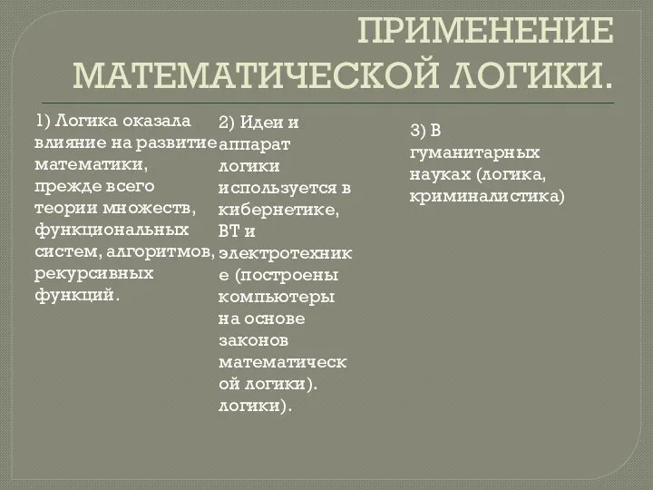 ПРИМЕНЕНИЕ МАТЕМАТИЧЕСКОЙ ЛОГИКИ. 1) Логика оказала влияние на развитие математики, прежде