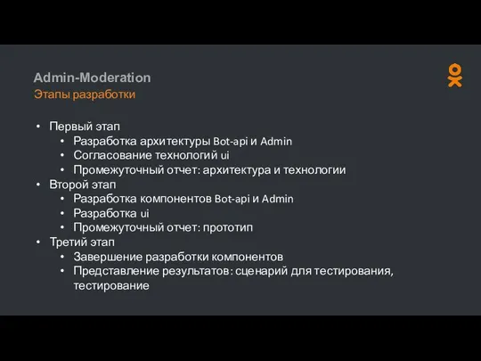 Admin-Moderation Этапы разработки Первый этап Разработка архитектуры Bot-api и Admin Согласование