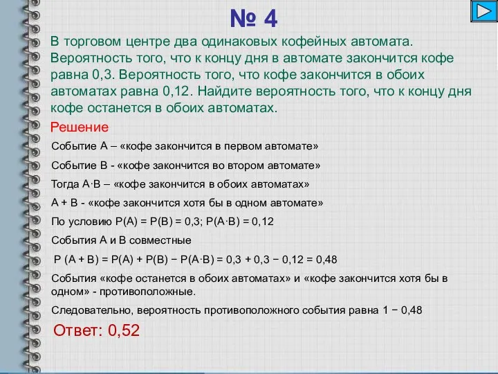 № 4 Ответ: 0,52 Решение Со­бы­тие А – «кофе за­кон­чит­ся в