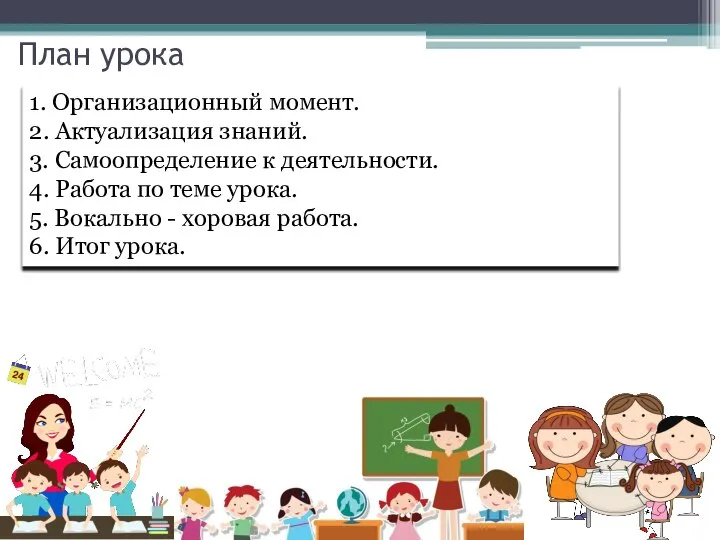 План урока 1. Организационный момент. 2. Актуализация знаний. 3. Самоопределение к