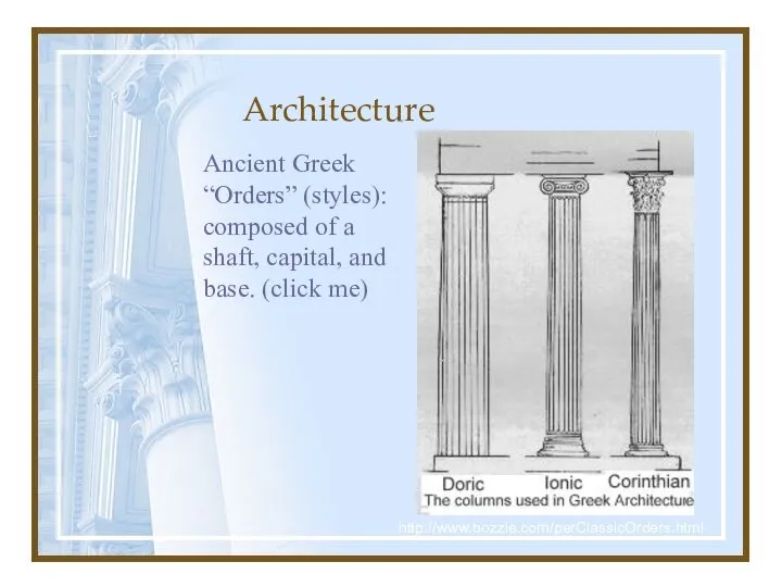 Architecture Ancient Greek “Orders” (styles): composed of a shaft, capital, and base. (click me) http://www.bozzle.com/perClassicOrders.html