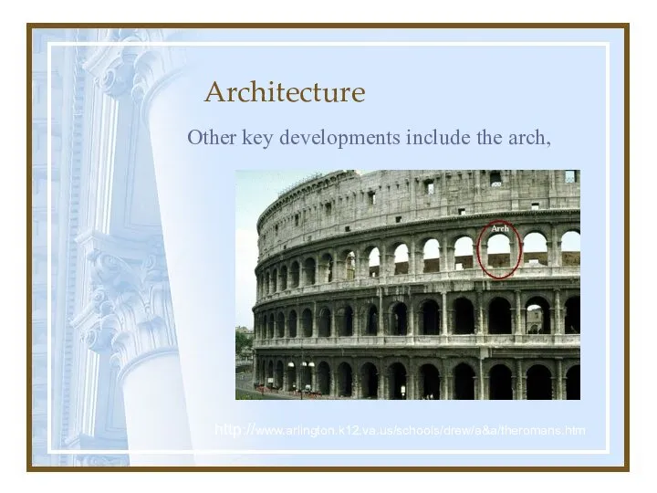 Architecture Other key developments include the arch, http://www.arlington.k12.va.us/schools/drew/a&a/theromans.htm