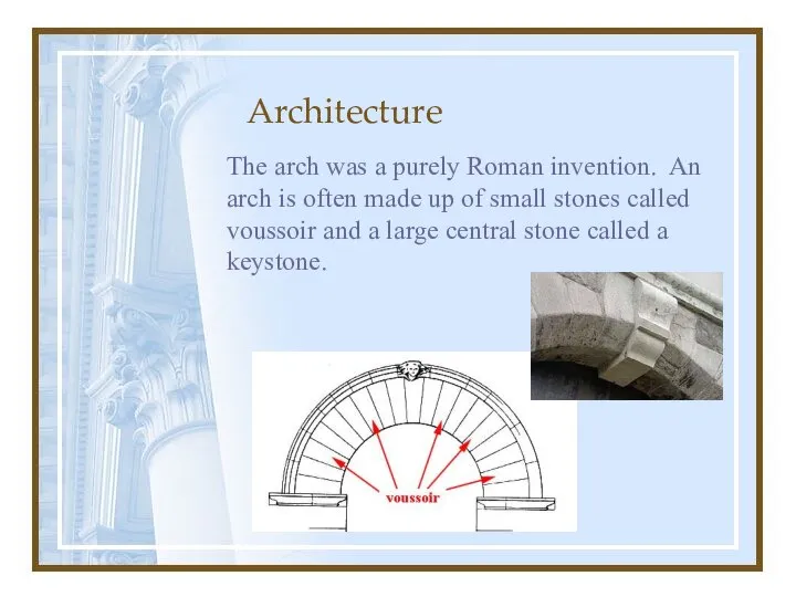 Architecture The arch was a purely Roman invention. An arch is