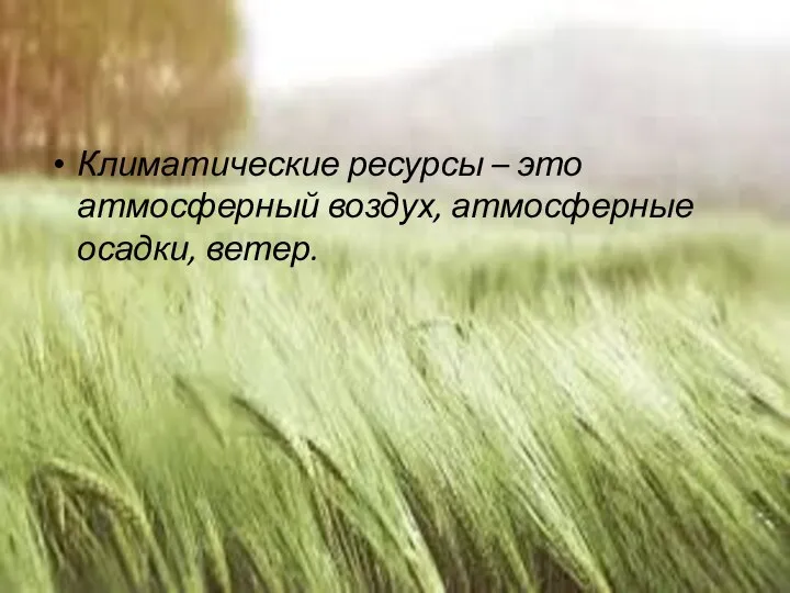 Климатические ресурсы – это атмосферный воздух, атмосферные осадки, ветер.