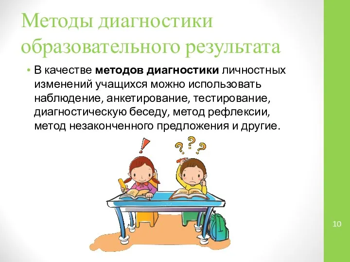 Методы диагностики образовательного результата В качестве методов диагностики личностных изменений учащихся