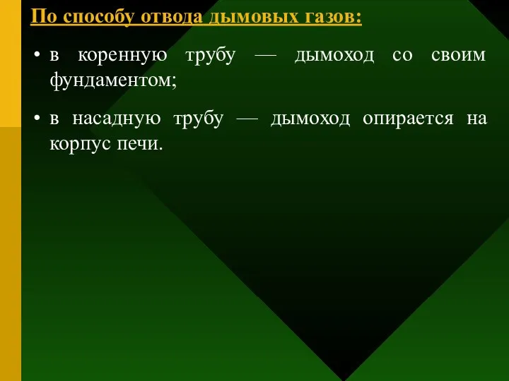 По способу отвода дымовых газов: в коренную трубу — дымоход со