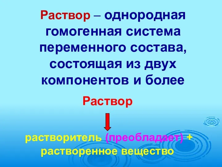 Раствор – однородная гомогенная система переменного состава, состоящая из двух компонентов