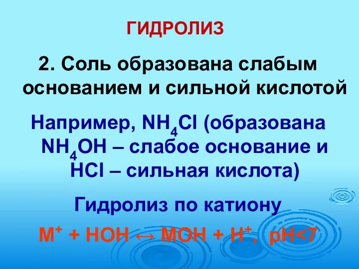 ГИДРОЛИЗ 2. Соль образована слабым основанием и сильной кислотой Например, NH4Cl