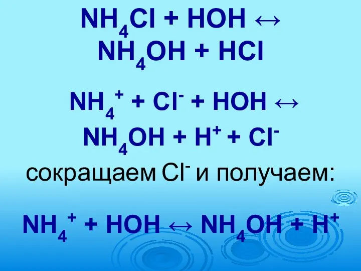 NH4Cl + НОН ↔ NH4ОН + HСl NH4+ + Cl- +