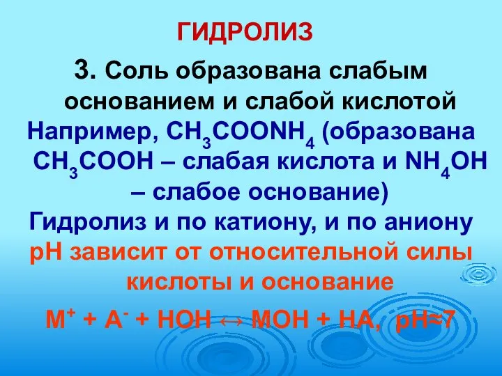 ГИДРОЛИЗ 3. Соль образована слабым основанием и слабой кислотой Например, CH3COONH4