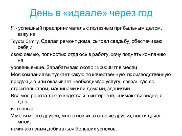 День в «идеале» через год Я - успешный предприниматель с полезным