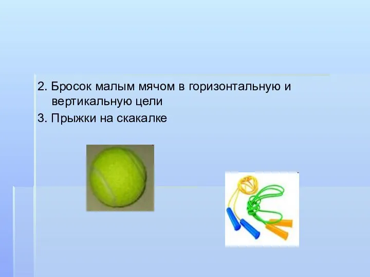 2. Бросок малым мячом в горизонтальную и вертикальную цели 3. Прыжки на скакалке