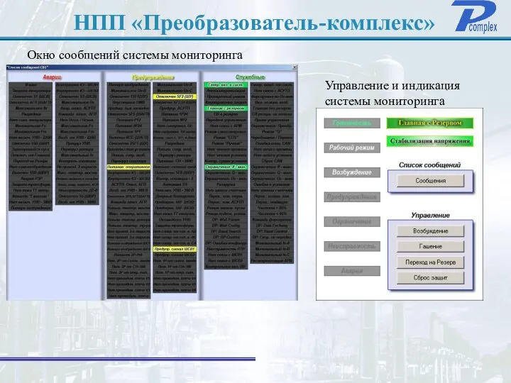 НПП «Преобразователь-комплекс» Окно сообщений системы мониторинга Управление и индикация системы мониторинга