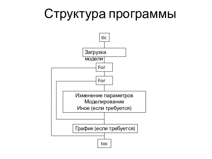 Структура программы Загрузка модели For For Изменение параметров Моделирование Иное (если