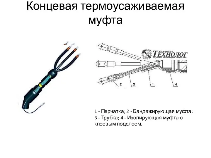 Концевая термоусаживаемая муфта 1 - Перчатка; 2 - Бандажирующая муфта; 3