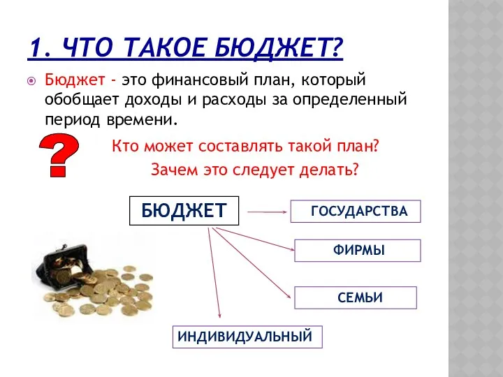 1. ЧТО ТАКОЕ БЮДЖЕТ? Бюджет - это финансовый план, который обобщает