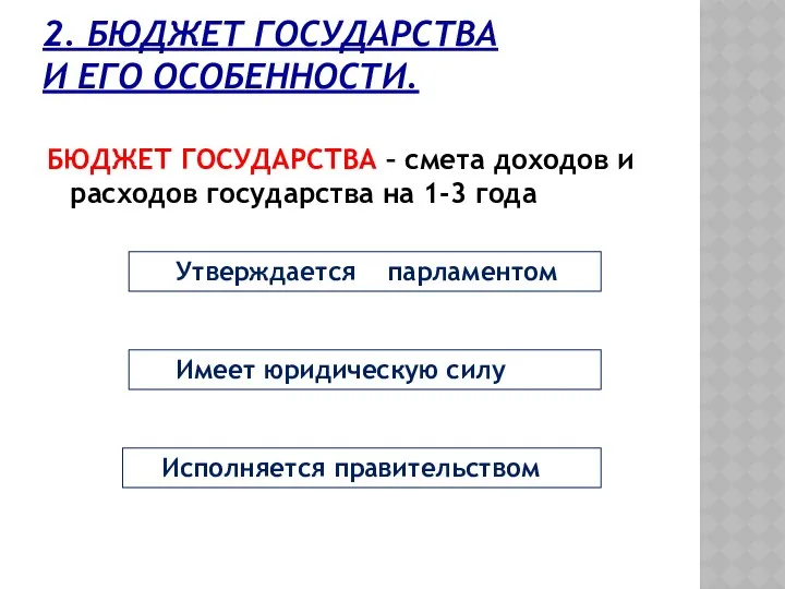 2. БЮДЖЕТ ГОСУДАРСТВА И ЕГО ОСОБЕННОСТИ. БЮДЖЕТ ГОСУДАРСТВА – смета доходов