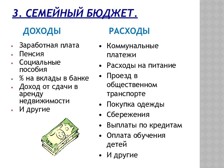 3. СЕМЕЙНЫЙ БЮДЖЕТ. Заработная плата Пенсия Социальные пособия % на вклады