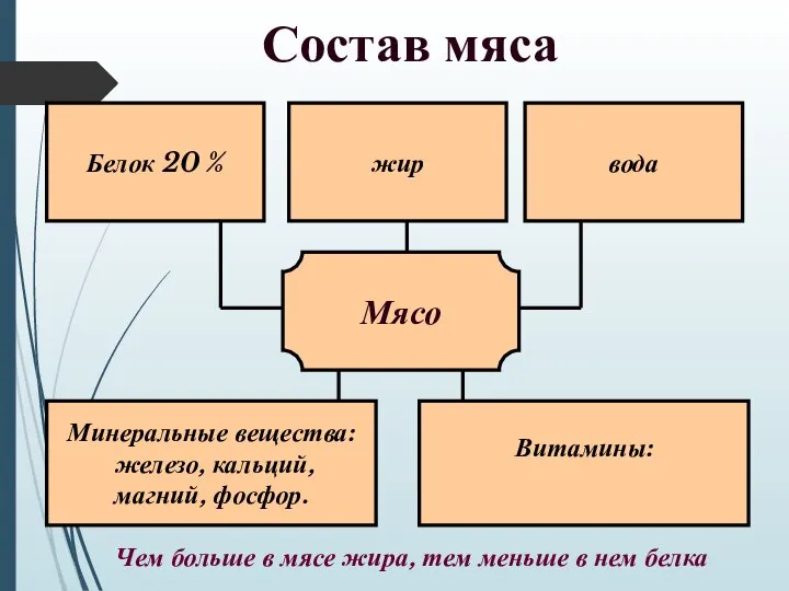 Состав мяса Чем больше в мясе жира, тем меньше в нем белка