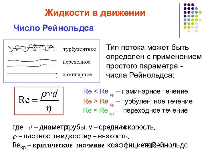 Число Рейнольдса Re Re > Re кр ‒ турбулентное течение Re