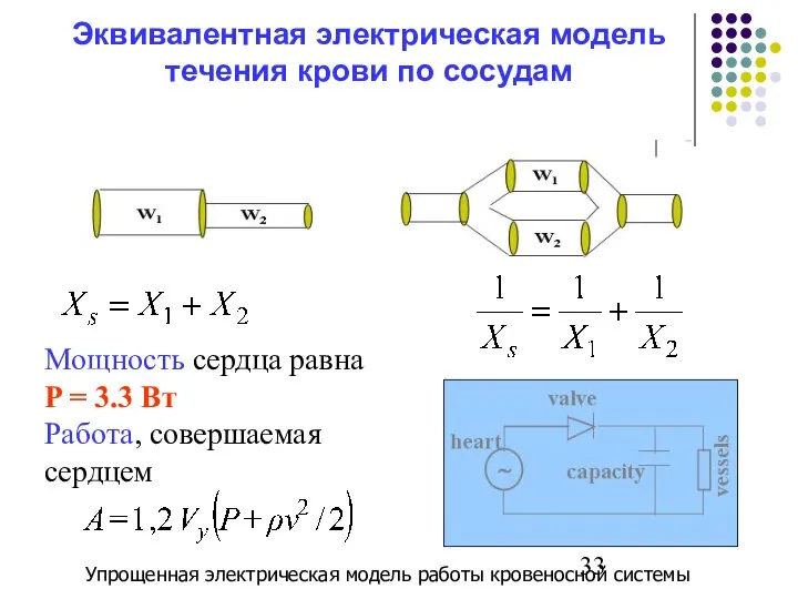 Эквивалентная электрическая модель течения крови по сосудам Мощность сердца равна P