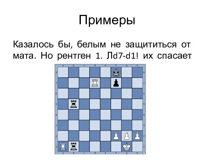 Примеры Казалось бы, белым не защититься от мата. Но рентген 1. Лd7-d1! их спасает