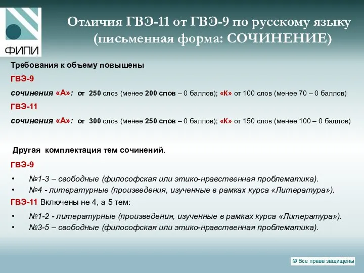 Отличия ГВЭ-11 от ГВЭ-9 по русскому языку (письменная форма: СОЧИНЕНИЕ) Требования