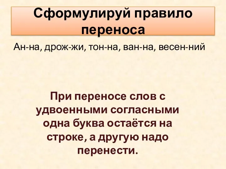 Сформулируй правило переноса Ан-на, дрож-жи, тон-на, ван-на, весен-ний При переносе слов