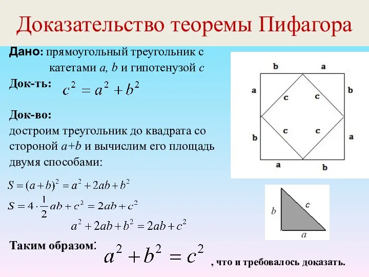 Доказательство теоремы Пифагора Дано: прямоугольный треугольник с катетами а, b и