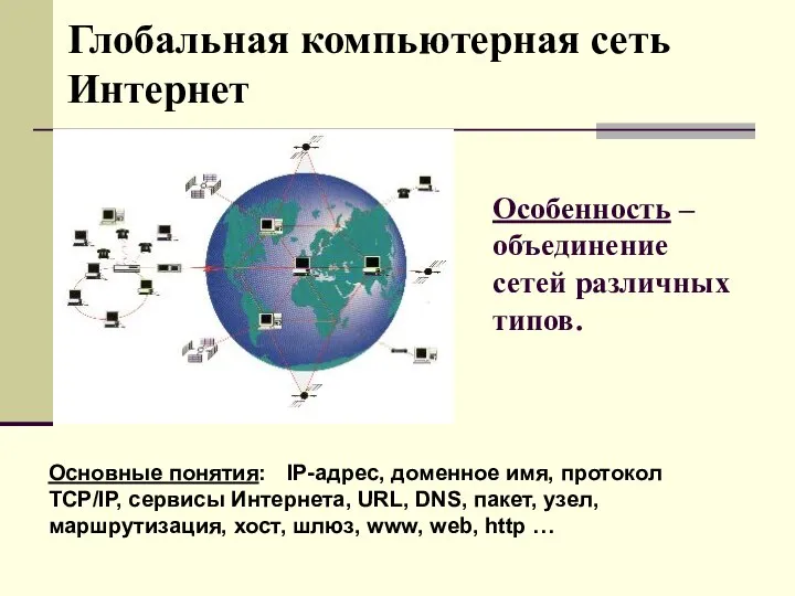 Основные понятия: IP-адрес, доменное имя, протокол TCP/IP, сервисы Интернета, URL, DNS,