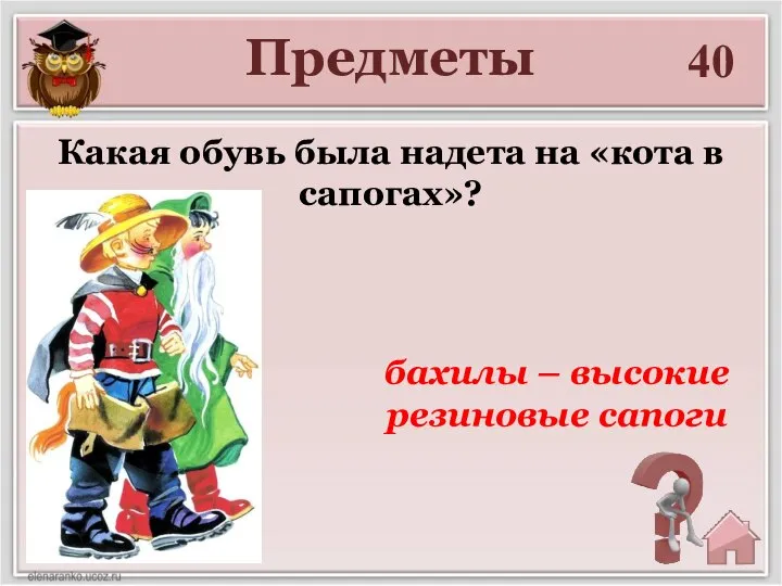 40 Какая обувь была надета на «кота в сапогах»? Предметы бахилы – высокие резиновые сапоги