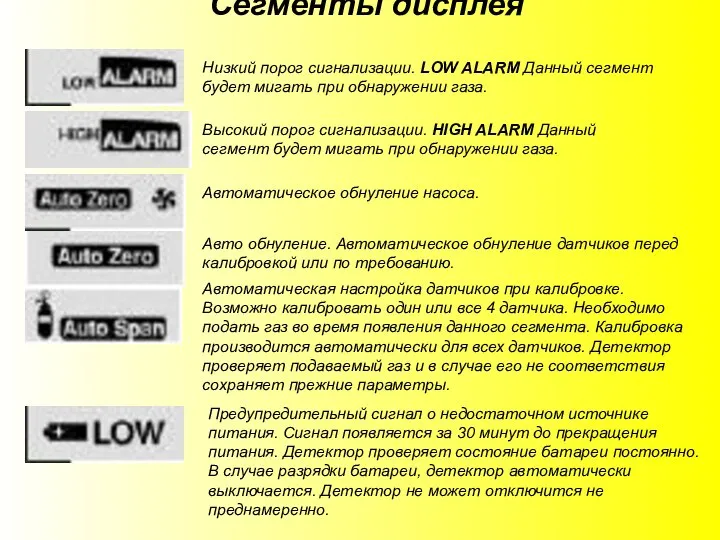 Сегменты дисплея Низкий порог сигнализации. LOW ALARM Данный сегмент будет мигать