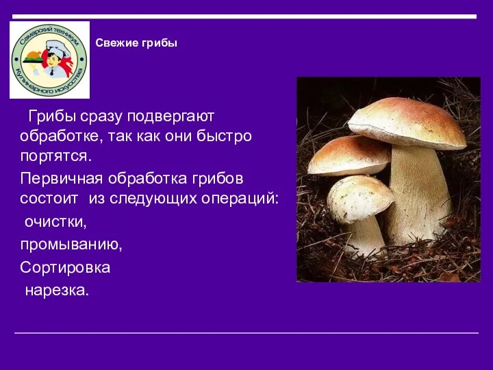 Свежие грибы Грибы сразу подвергают обработке, так как они быстро портятся.