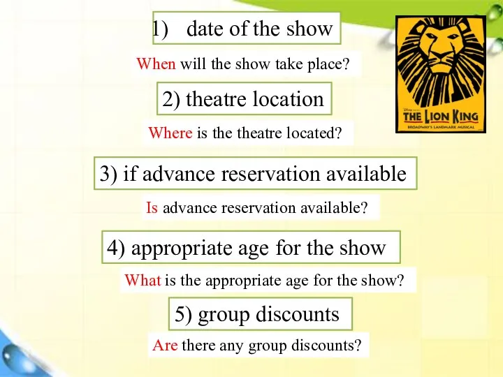 date of the show 2) theatre location 3) if advance reservation