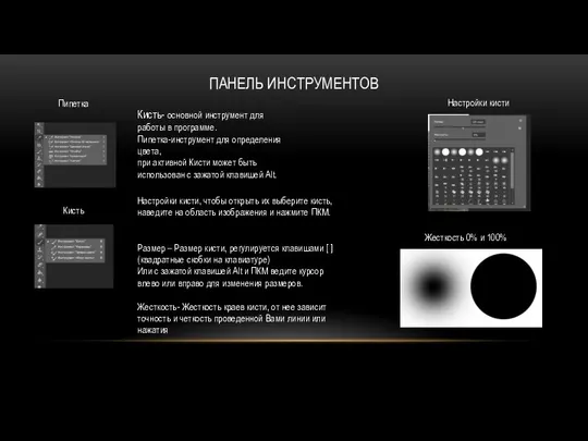 ПАНЕЛЬ ИНСТРУМЕНТОВ Пипетка Кисть Кисть- основной инструмент для работы в программе.