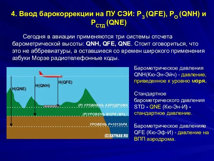 4. Ввод барокоррекции на ПУ СЭИ: РЗ (QFE), РО (QNH) и